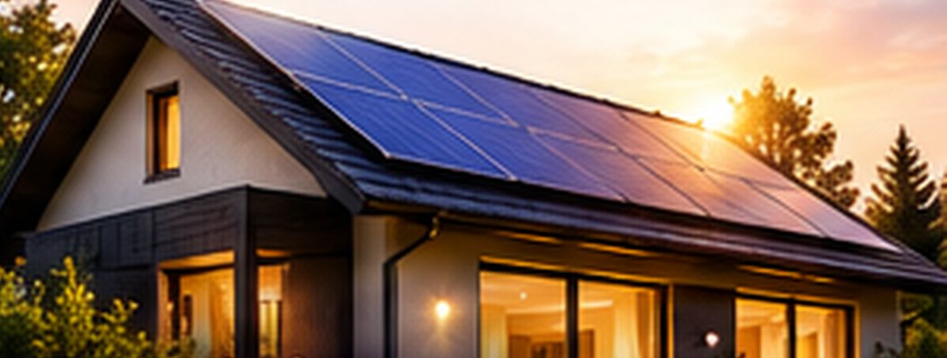 Maison équipée de panneaux solaires au coucher du soleil