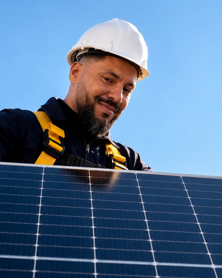 Yacine, fondateur de Solynk Power, sur un chantier photovoltaïque